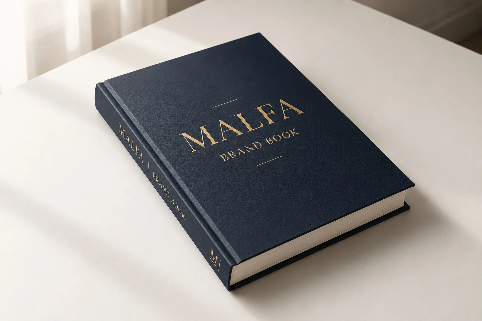 Livro institucional MALFA Brand Book em capa dura azul-marinho com título dourado sobre mesa clara.